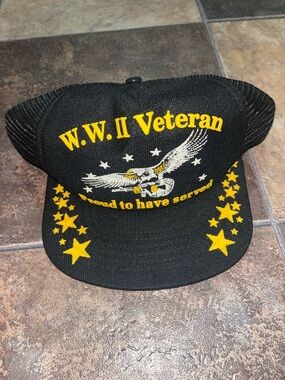 American Apparel Black WW II Veteran Trucker Hat with Yellow Embroidery